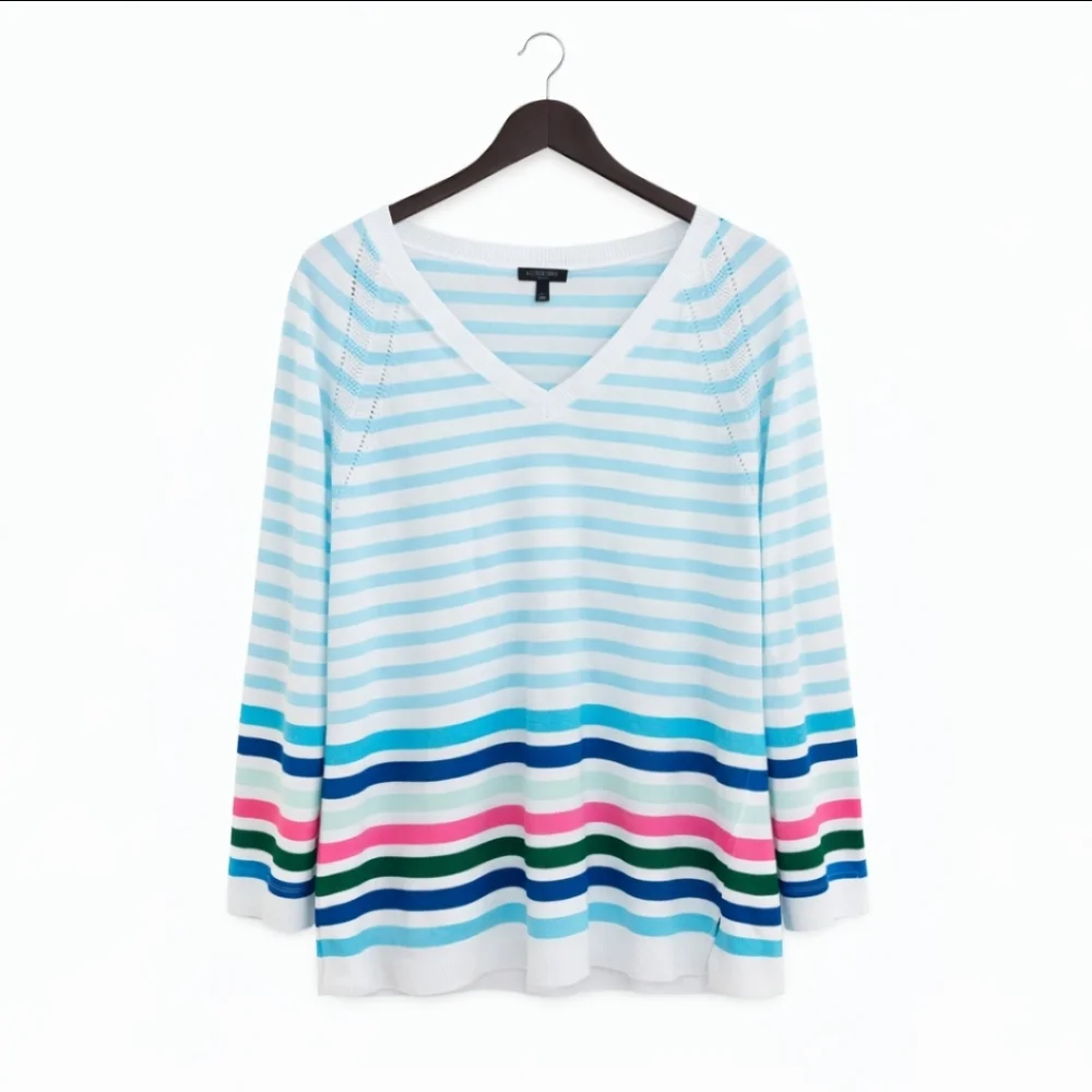 Talbots White Striped Vneck Pullover Sweater Petite Sz Lg